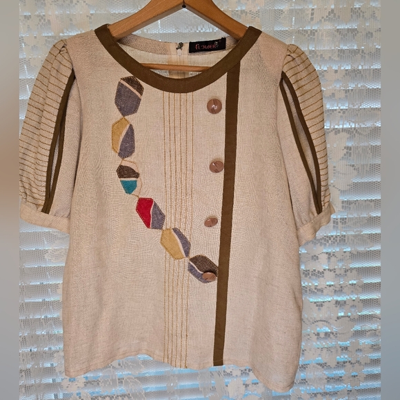 Flower, Womens Small, Vintage Linen Blouse, 70s - Picture 1 of 12